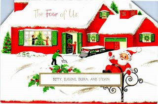 Ranch Home House Family Car Station Wagon Santa Vtg Christmas Greeting Card