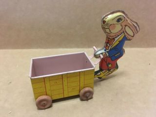 Vintage Ohio Art Tin Easter Bunny Rabbit Pushing Wagon / Candy Container