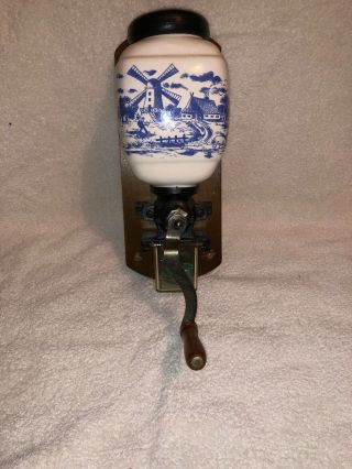 Early Vintage Delft Wall Mount Coffee Mill And/or Grinder W/windmill Scene -