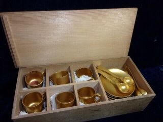 Vintage Japanese Lacquered Cups,  Saucers & Spoons,  Boxed.
