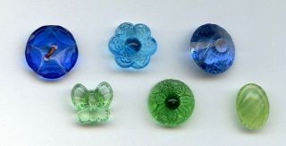 6 Vintage Depression Glass Buttons - - 3 Blue (1 Flower) & 3 Green (1butterfly)