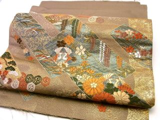 Japanese Kimono Obi Fabric Panel 49 " _silk,  Smoky - Beige,  Gold,  Tanzaku,  O189 - D