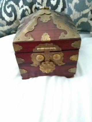 Vintage Oriental Chinese Wood Wooden Jewelry Trinket Box Brass And Ornate Metal