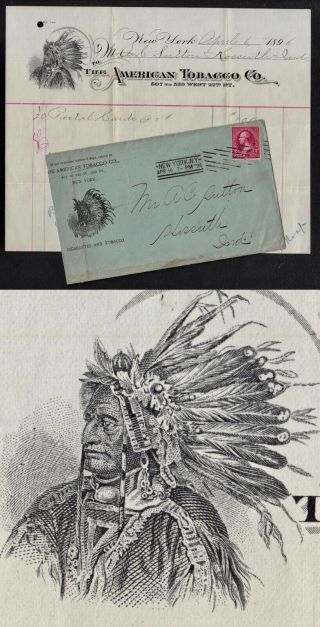 1896 Adv Cover & Bill From American Tobacco Co.  W/ Amer.  Indian Illustrations