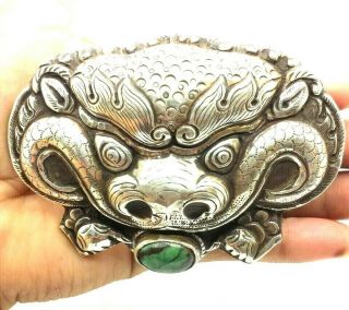 Chinese Export Dragon Turquoise Sterling Silver 925 Belt Buckle 76g Poe605