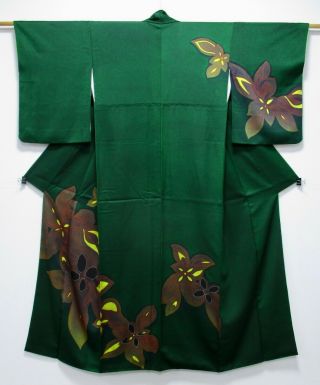 Japanese Silk Kimono / Green / Flower Pattern / Silk Fabric / 369