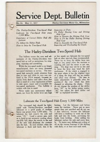 1917 Harley - Davidson Service Dept Bulletin,  Two Speed Hub