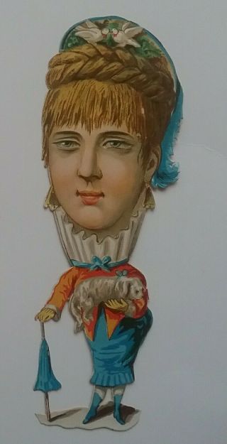 L.  Great Antique Embos Victorian Caricature Scrap.  Lady With Her Dog Ap 12.  5x5cms