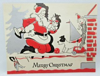 Vintage Christmas Greeting Card Santa Claus Chimney Toys Dog Pig Sailboat Car