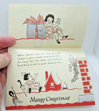 Vintage Christmas Greeting Card Santa Claus Chimney Toys Dog Pig Sailboat Car 2