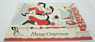 Vintage Christmas Greeting Card Santa Claus Chimney Toys Dog Pig Sailboat Car 3