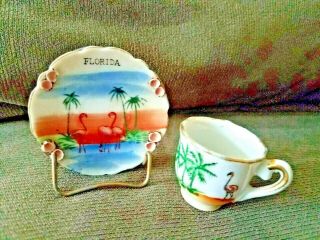 Vintage Florida Miniature Cup & Saucer With Flamingos & Palms,  Tiny Shells