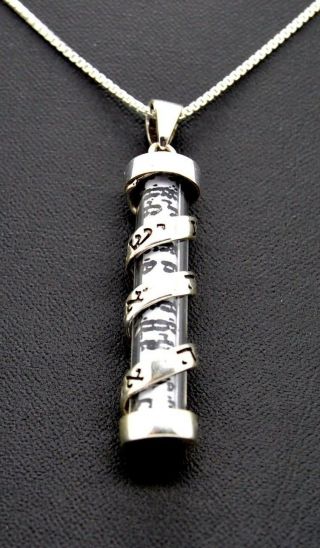 Mezuzah Pendant 925 Sterling Silver Shema Israel In Hebrew Scroll Necklace 18 "