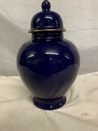 Vintage Ginger Jar Urn vase Cobalt Blue Painted Peacock Bird Flowers Gold Trim 4