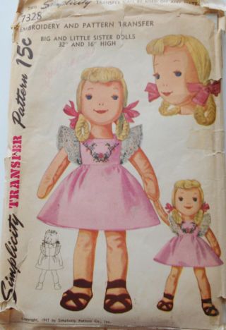Uncut Vtg Simplicity Pattern 7328 Dated 1947 Big 32 " & 16 " Little Sister Dolls