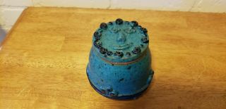 Vintage Pottery Salt / Sugar Cellar Turquoise To Black Face On Top Of Lid Signed