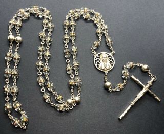 † Scarce Vintage Cut Glass & Rhinestones Beads On Sterling Silver Rosary †