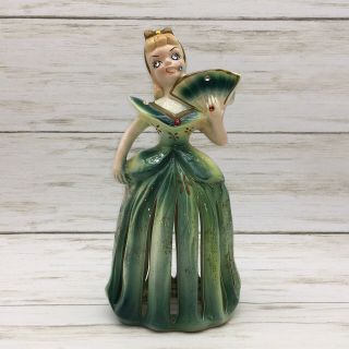 Vintage Kreiss Ceramic Green Lady Napkin & Candle Holder Figurine