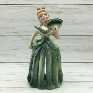Vintage Kreiss Ceramic Green Lady Napkin & Candle Holder Figurine 2