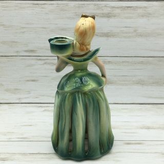 Vintage Kreiss Ceramic Green Lady Napkin & Candle Holder Figurine 4