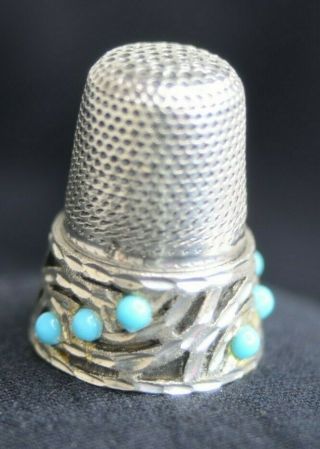 Antique Silver Thimble With Blue Cabochon Stones Old Victorian Design