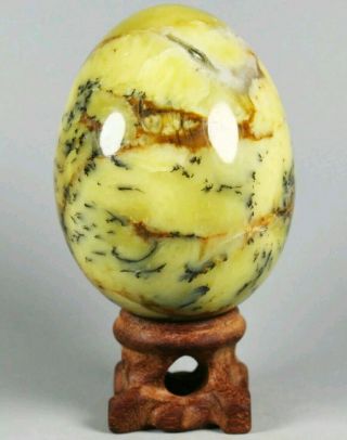Natural Polished Moss Agate Crystal Reiki Egg W/rosewood Stand Madagascar