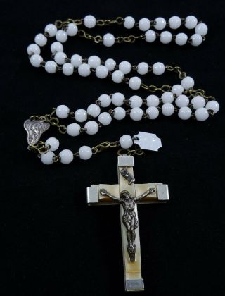 Vintage Rosary Made In France White Prosser Glass Beads Lourdes Crucifix