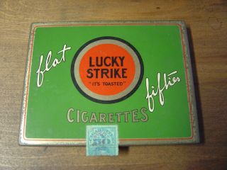 Vintage Tin Lucky Strike Cigarettes Tin Box 5.  5 " X 4.  5 " W/tax Stamp Flat Fifties