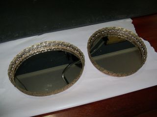 2 Mirror Vanity Dresser Trays Gold Color Metal Filigree Oval & Round