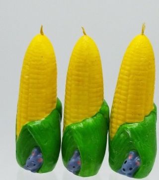 3 Vintage Thanksgiving Corn Husk With Mouse Candles Made In Korea Decorative