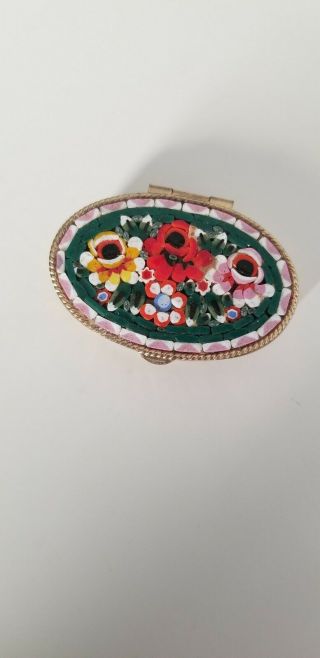 Vintage Micro Mosaic Inlaid Floral Embossed Millefiori Oval Pill Trinket Box 2