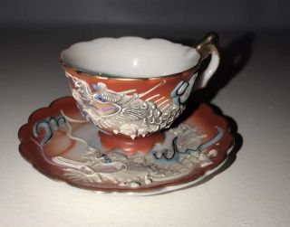 Vintage Miniature Orange Moriage Dragon Ware Tea Cup And Saucer Japan