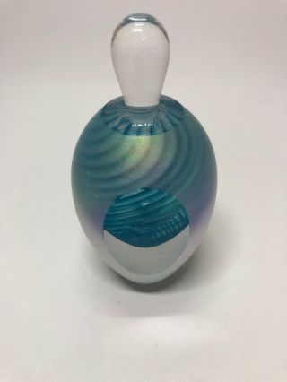 Egg Shaped Art Glass Perfume Bottle & Stopper Blue Swirl Design Etched Signed