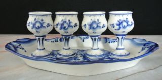 Vintage Russian Gzhel Porcelain Tray With 4 Cordial Glasses Cobalt Blue & White