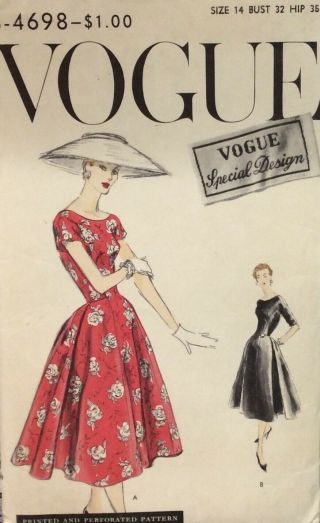 Vogue Special Design 4698 Vtg 1950’s Factory Folded 1 Pc Dress 14/32