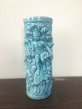Vintage Blue Ceramic Surfer Orchids Of Hawaii Japan Tiki Mug