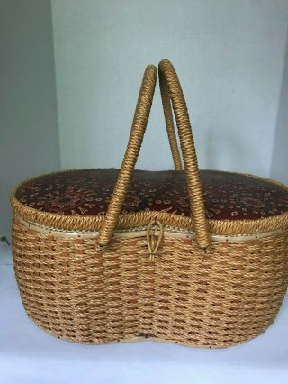 Vintage Singer Sewing Basket Woven Wicker Style With Patterned Vinyl Top