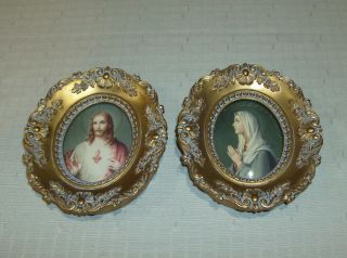 Pair Vintage Sacred Heart Of Jesus & Virgin Mary Framed Prints Convex Glass Euc
