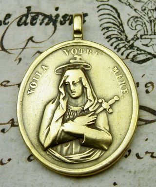 Rare Antique 19th Century Immaculate Heart & Sacred Heart Bronze Scapular Medal