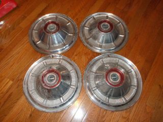 4 Vintage Ford Hubcaps - Blue Center,  Red Center Trim - With Some Wear - Classic