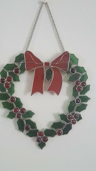 Vtg Green Red Stained Glass Hanging Christmas Wreath Holly Berry
