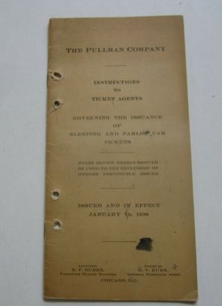 1936 Pullman Railroad Ticket Agent Instructions - Sleeping / Parlor Car Tickets