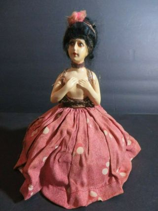 Antique German Boudoir Pincushion Composition Half Doll Wigged W/ Dress