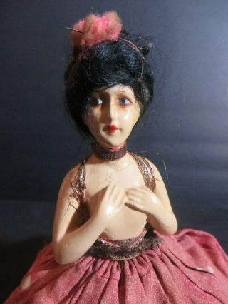 Antique German Boudoir Pincushion Composition Half Doll Wigged w/ Dress 2