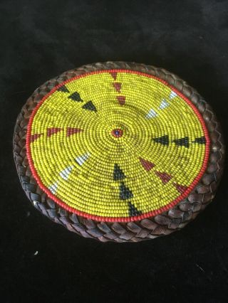 Antique Native American Beaded Leather Trivet Decoration Very Old