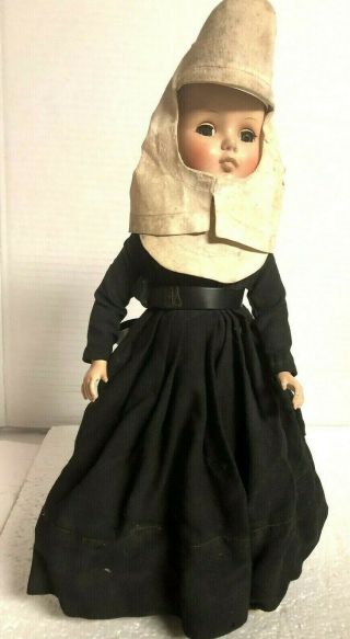 Vintage Antique 14 " Catholic Nun Doll Black Dress Habit Sleep Eyes
