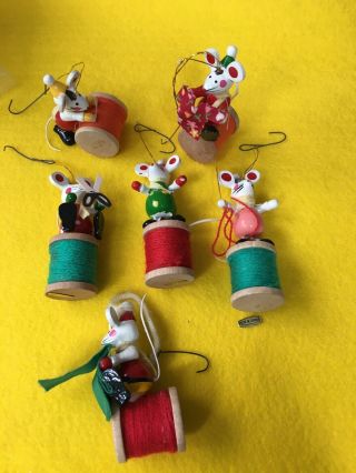 Set 6 Mouse Mice Spool Thread Wooden Wood Vintage Christmas Ornament Sewing Mcm