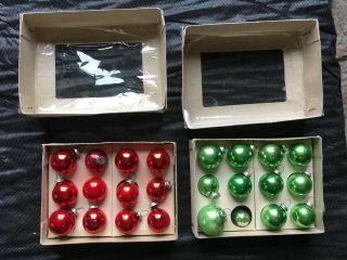 2 Vintage Small Shiny Brite Glass Christmas Ornaments Green & Red Boxes Usa