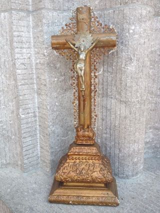 Antique Altar Standing Wood Filigree Ornate Cross Metal Crucifix Jesus Christ