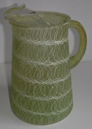 Vtg Green Spaghetti String 8 " Glass Ice Tea Pitcher Rubber Coated Mid Century